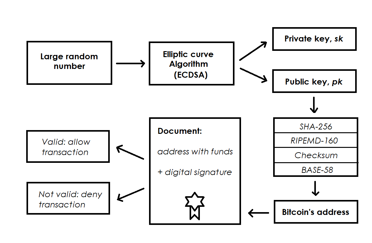 Schema della firma digitale di Bitcoin per la creazione di indirizzi pubblici/privati e per spendere le monete.